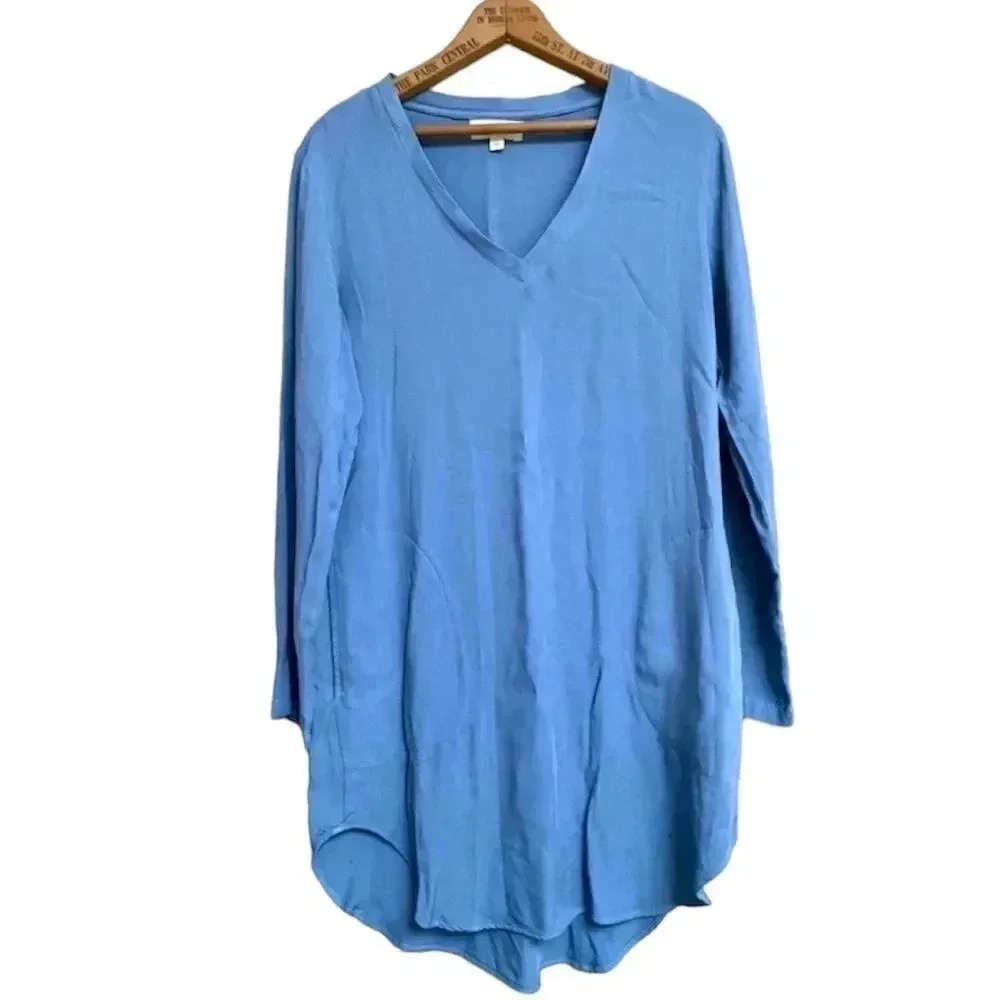Anthropologie Cloth & Stone Blue Gray Rayon Tunic Dress High Low Hem Pockets XS